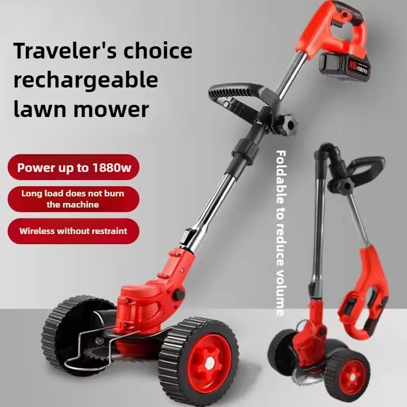 Foldable electric lawn mower with lithium battery and wheels multifunctional handheld wireless charging and weeding machine